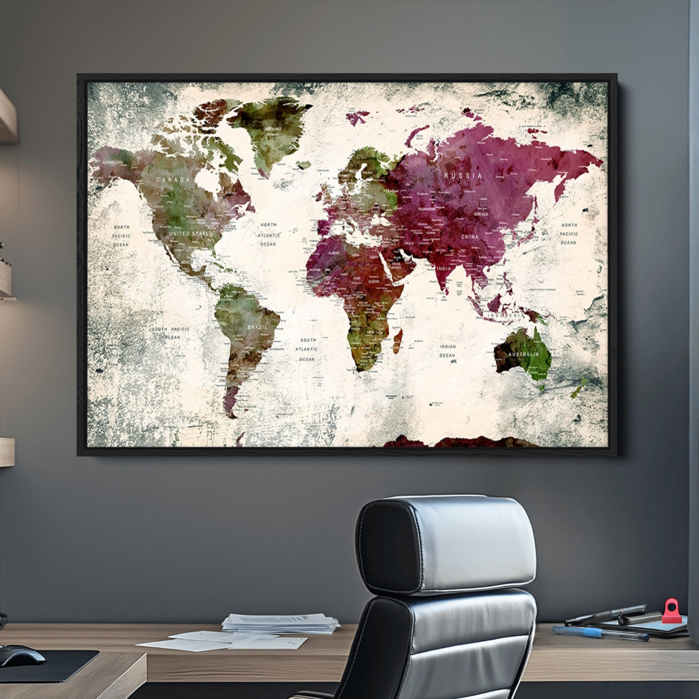 Push Pin World Map Canvas Print – Framed Wall Art for Couples to Track Their Travels – Anniversary Gift or Home Adventure Decor