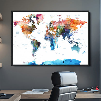 Push Pin World Map Canvas Print – Framed Wall Art for Couples to Track Their Travels – Anniversary Gift or Home Adventure Decor