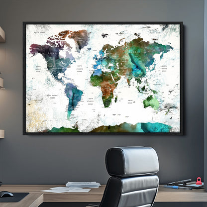 Push Pin World Map Canvas Print – Framed Wall Art for Couples to Track Their Travels – Anniversary Gift or Home Adventure Decor