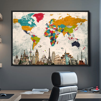 Push Pin World Map Canvas Print – Framed Wall Art for Couples to Track Their Travels – Anniversary Gift or Home Adventure Decor