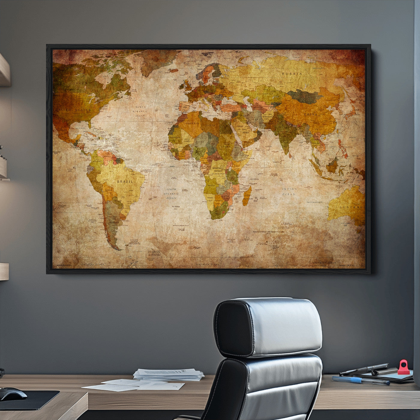 Push Pin World Map Canvas Print – Framed Wall Art for Couples to Track Their Travels – Anniversary Gift or Home Adventure Decor