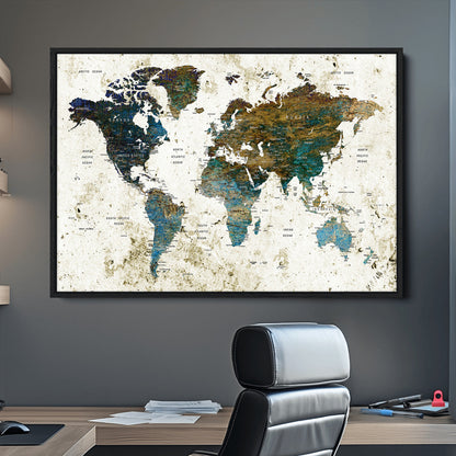 Push Pin World Map Canvas Print – Framed Wall Art for Couples to Track Their Travels – Anniversary Gift or Home Adventure Decor