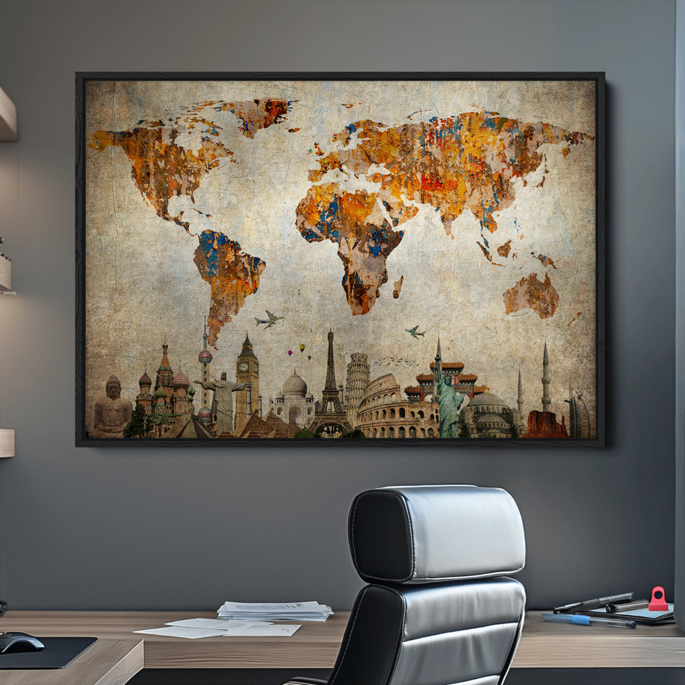 Push Pin World Map Canvas Print – Framed Wall Art for Couples to Track Their Travels – Anniversary Gift or Home Adventure Decor
