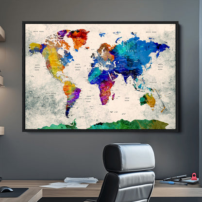 Push Pin World Map Canvas Print – Framed Wall Art for Couples to Track Their Travels – Anniversary Gift or Home Adventure Decor