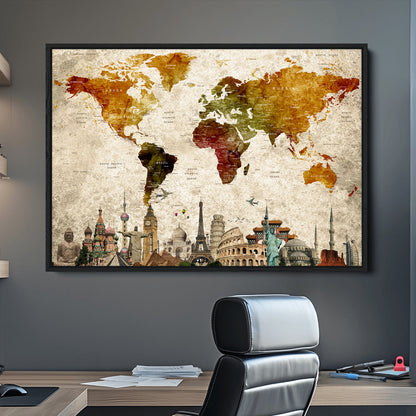 Push Pin World Map Canvas Print – Framed Wall Art for Couples to Track Their Travels – Anniversary Gift or Home Adventure Decor