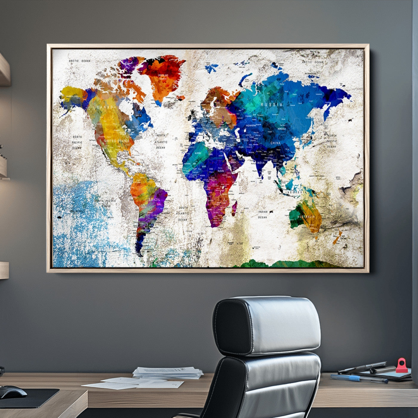 Push Pin World Map Canvas Print – Framed Wall Art for Couples to Track Their Travels – Anniversary Gift or Home Adventure Decor