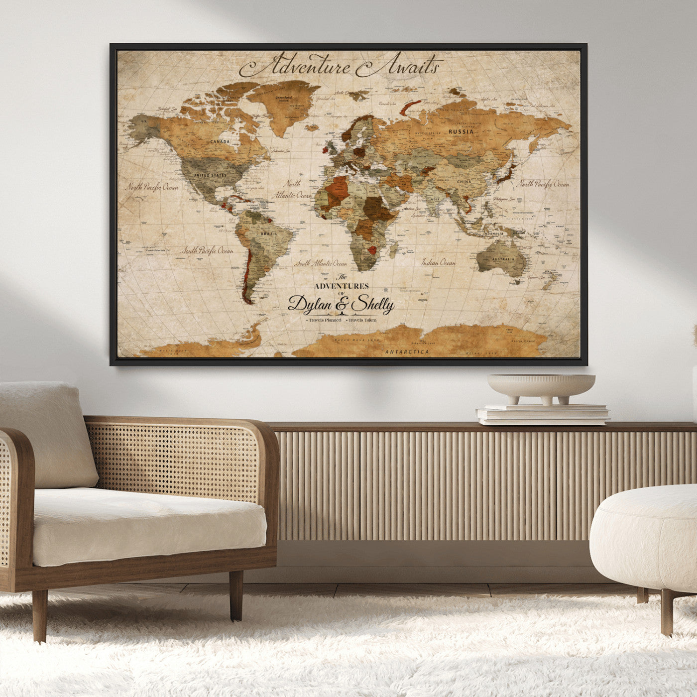20810820-MGV-CV-30X20-Personalized World Map Print, Customizable Push Pin Framed World Map Print on Canvas - Custom Quote on Map Print