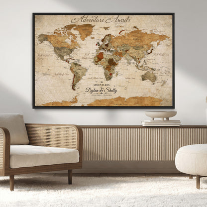 20810820-MGV-CV-30X20-Personalized World Map Print, Customizable Push Pin Framed World Map Print on Canvas - Custom Quote on Map Print