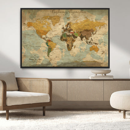 75523223-MGV-FC-36X24_Black-Custom Push Pin World Map Wall Canvas Print – Personalized Travel Tracker with Pins – Framed Custom Quotie Canvas for Home Office