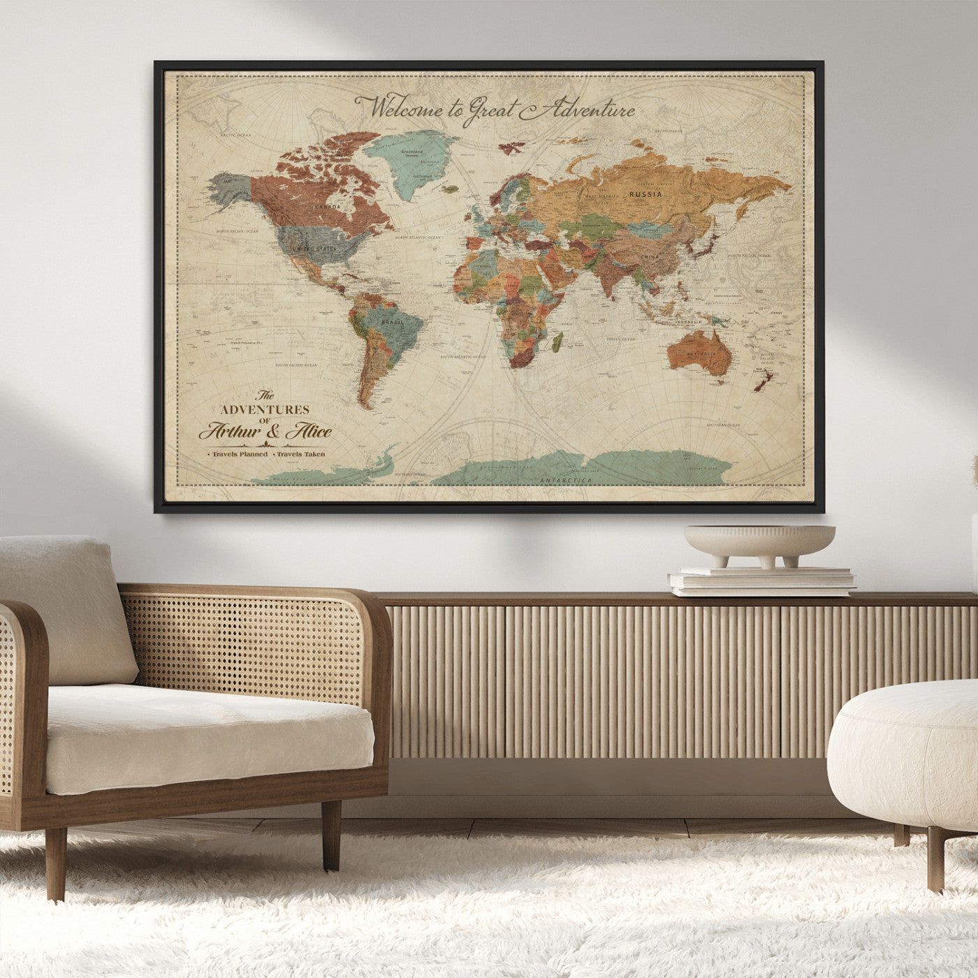54152425-MGV-CV-36X24-Custom Push Pin World Map Wall Canvas Print – Personalized Travel Tracker with Pins – Framed Custom Map Quotie Canvas for Home Office Decor