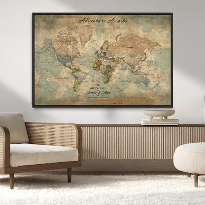 60798273-MGV-CV-30X20-Custom Push Pin World Map Wall Canvas Print – Personalized Travel Tracker with Pins – Framed Custom Quotie Canvas for Home Office Decor