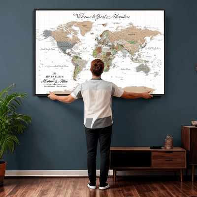 85396539-MGV-CV-36X24 - Custom Beige Push Pin World Map Wall Art, Bucket List Map, Study and Hallway Decor