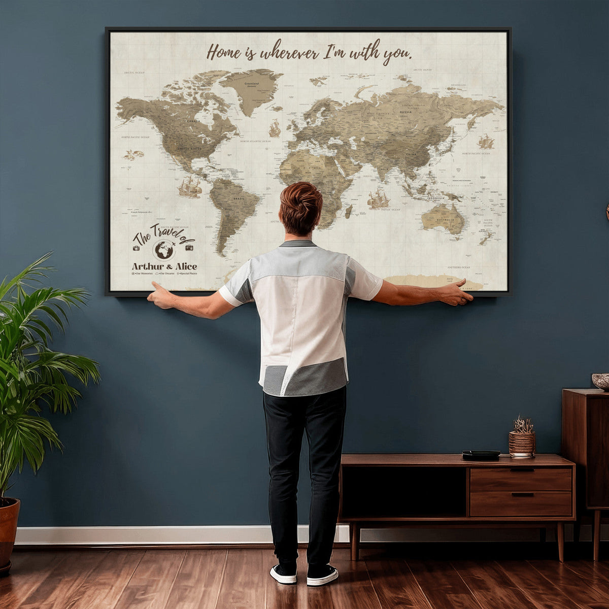 Custom Beige Geometric World Map Canvas with Push Pins, Honeymoon and Anniversary Gift, Dining Room and Hallway Decor