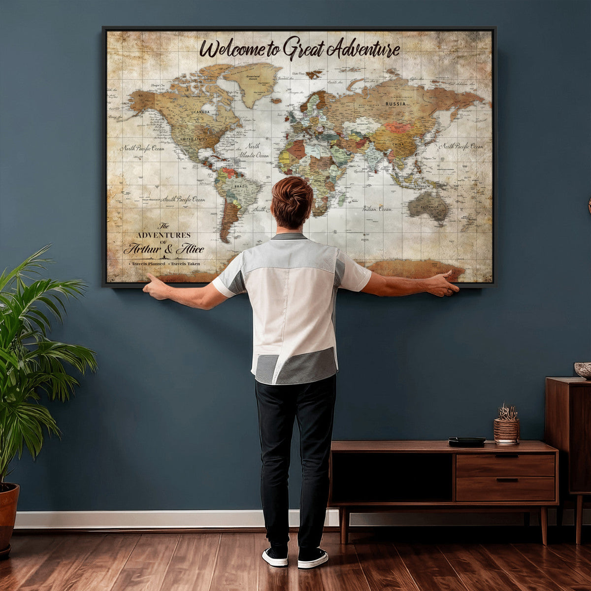 Personalized Beige Push Pin World Map Wall Art, Bucket List Map, Living Room and Family Room Decor