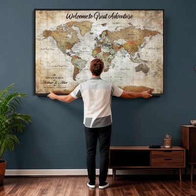 Personalized Beige Push Pin World Map Wall Art, Bucket List Map, Living Room and Family Room Decor