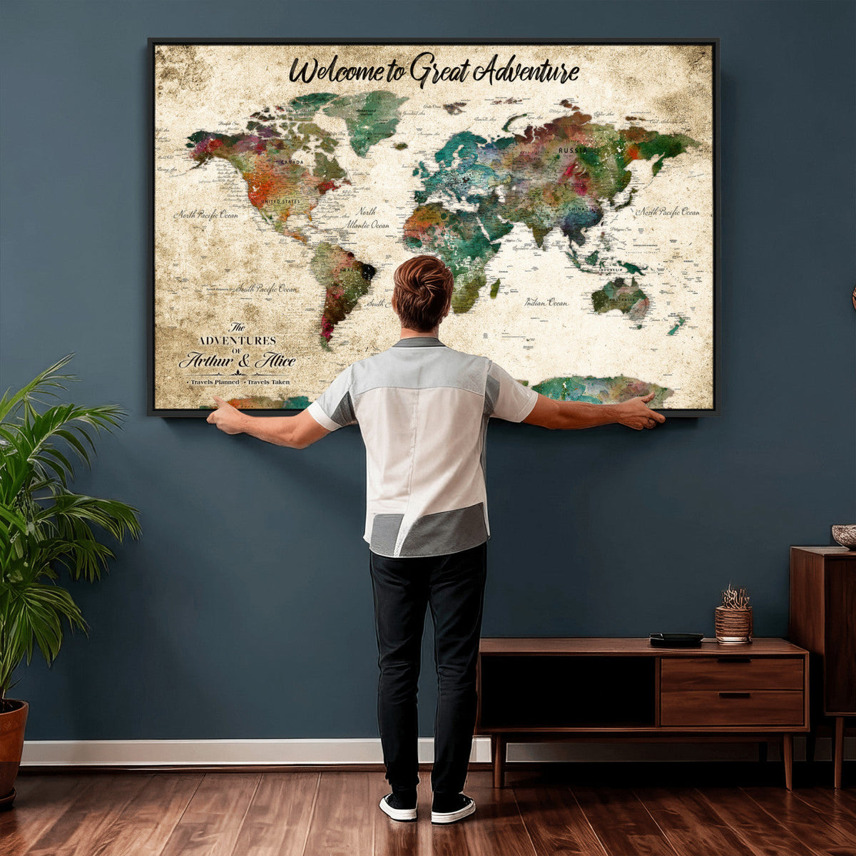 Personalized Beige Grunge World Map Canvas with Push Pins, Next Trip Planner Map, Family Room and Home Office Decor