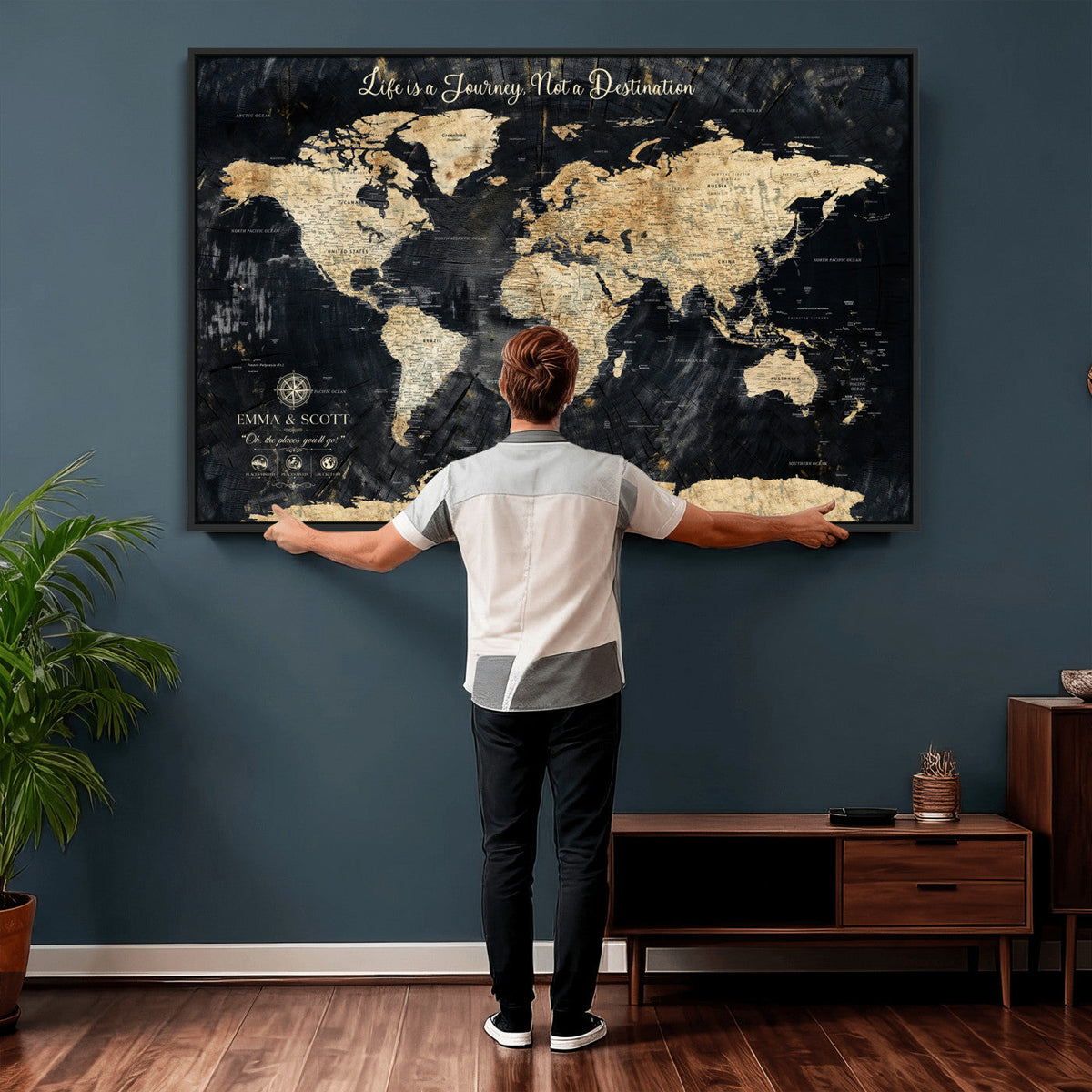 Personalized Framed Navy Modern Push Pin World Map Canvas Print, Couples Countries Visited Map, Family Room and Study Decor