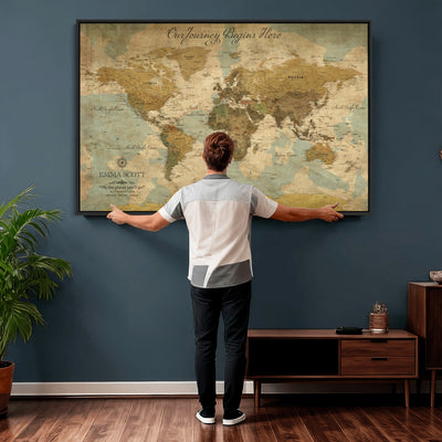 Personalized Navy Push Pin Travel Map Canvas Print, Couples Countries Visited Map, Living Room and Dining Room Decor