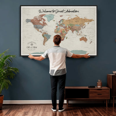 Custom Beige Push Pin World Map Canvas Print, Bucket List Map, Dining Room and Home Office Decor