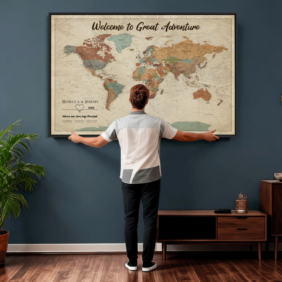 Large Personalized Beige Minimalist Push Pin World Map Wall Art, Next Trip Planner Map, Bedroom and Home Office Decor
