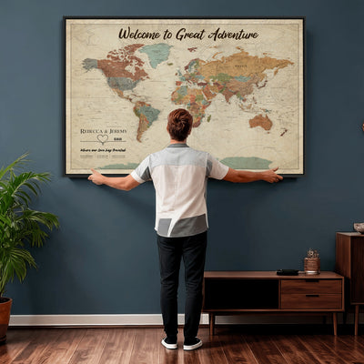 Large Personalized Beige Minimalist Push Pin World Map Wall Art, Next Trip Planner Map, Bedroom and Home Office Decor