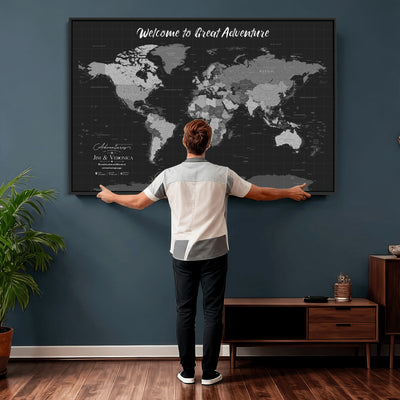 Custom Framed Navy Vintage World Map Canvas with Push Pins, Next Trip Planner Map, Entryway and Hallway Decor
