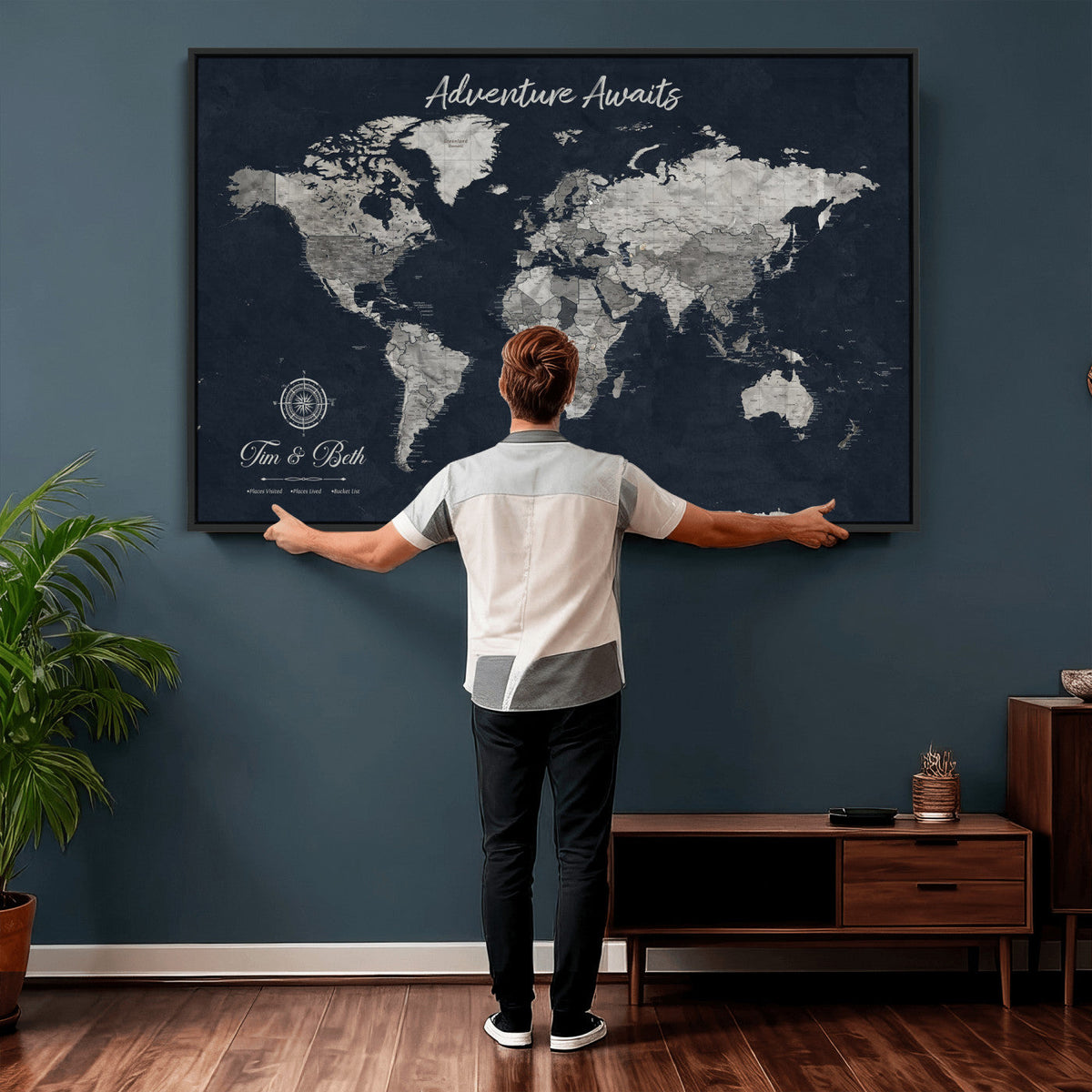 Personalized Framed Beige Vintage Push Pin World Map Wall Art, Bucket List Map, Study and Hallway Decor