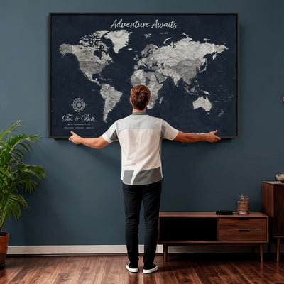 Personalized Framed Beige Vintage Push Pin World Map Wall Art, Bucket List Map, Study and Hallway Decor