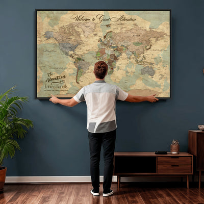 Personalized Framed Navy Vintage Push Pin World Map Wall Art, Places Visited Tracker, Bedroom and Hallway Decor
