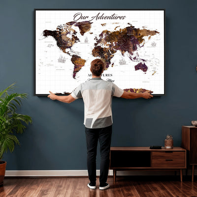 Personalized Framed Beige Vintage Push Pin Travel Map Canvas Print, Next Trip Planner Map, Home Office and Entryway Decor