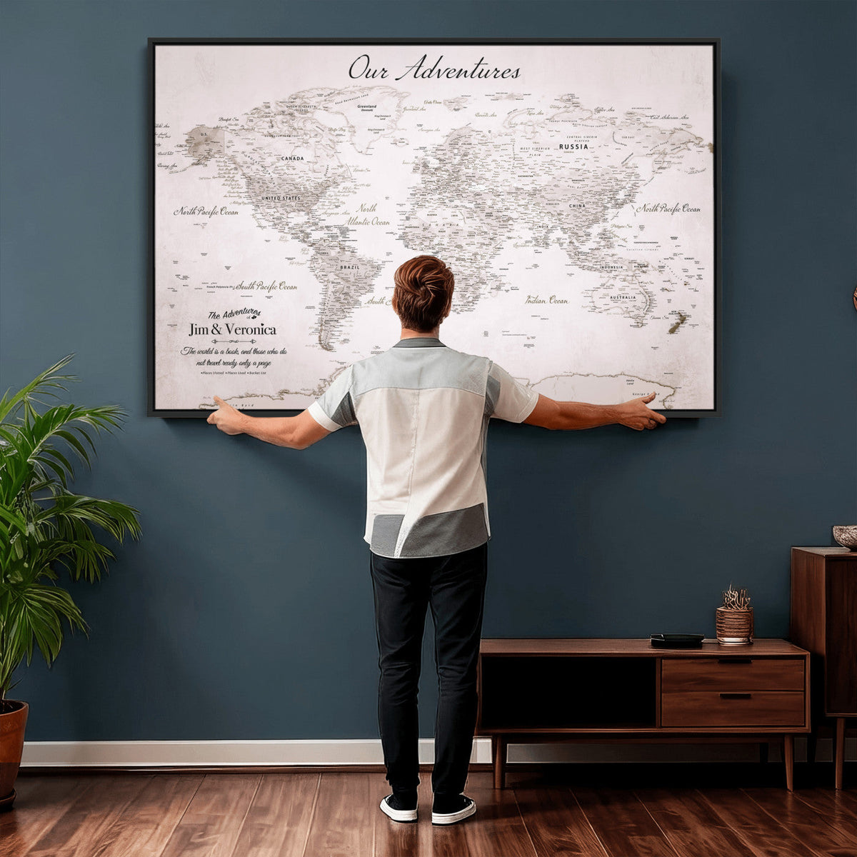 Personalized Beige Vintage World Travel Map Wall Art with Pins, Honeymoon and Anniversary Gift, Entryway and Hallway Decor