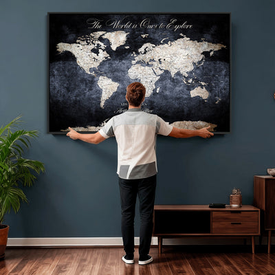 Personalized Beige Modern Push Pin Travel Map Canvas Print, Places Visited Tracker, Study and Entryway Decor
