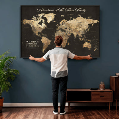 Personalized Framed Beige World Travel Map Wall Art with Pins, Couples Countries Visited Map, Family Room and Dining Room Decor
