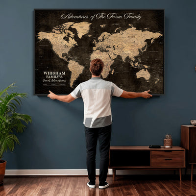 Personalized Framed Beige Geometric Push Pin Travel Map Canvas Print, Honeymoon and Anniversary Gift, Dining Room and Hallway Decor
