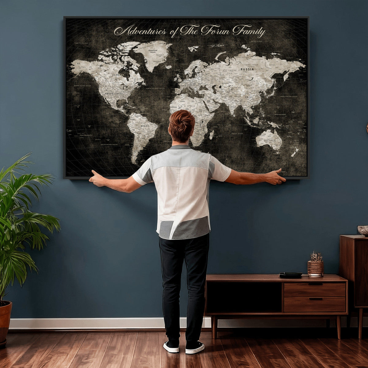 Personalized Framed Beige Push Pin World Map Canvas Print, Couples Countries Visited Map, Dining Room and Study Decor