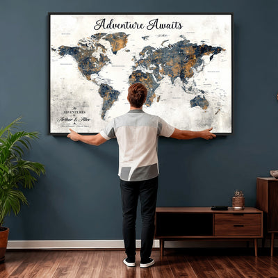 Custom Framed Beige Geometric World Travel Map Wall Art with Pins, Places Visited Tracker, Family Room and Home Office Decor