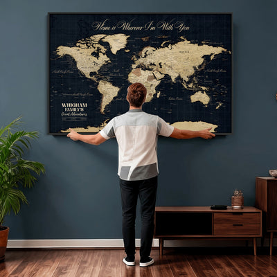 Personalized Framed Beige Geometric Push Pin World Map Wall Art, Couples Countries Visited Map, Bedroom and Hallway Decor