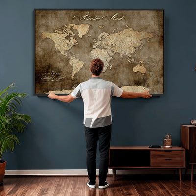 Personalized Framed Beige Push Pin Travel Map Canvas Print, Bucket List Map, Bedroom and Study Decor