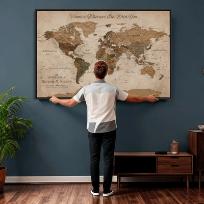 Personalized Framed Beige World Map Canvas with Push Pins, Honeymoon and Anniversary Gift, Living Room and Hallway Decor