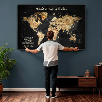 73732636-MGV-CV-36X24 - Custom Push Pin World Map Wall Art Canvas Print | Personalized Travel Tracker with Pins Framed Large for Home and Office Decor