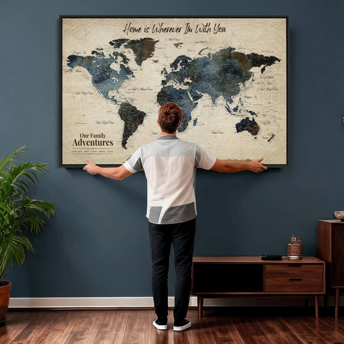 Personalized Framed Black Modern Push Pin Travel Map Canvas Print, Family Travel Tracker, Home Office and Entryway Decor