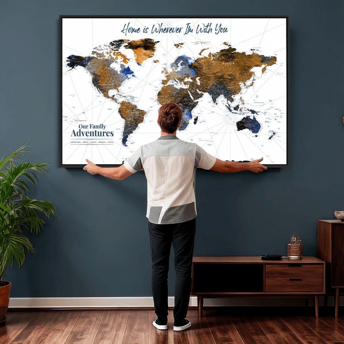 Personalized Framed Beige Modern Push Pin World Map Wall Art, Next Trip Planner Map, Family Room and Home Office Decor