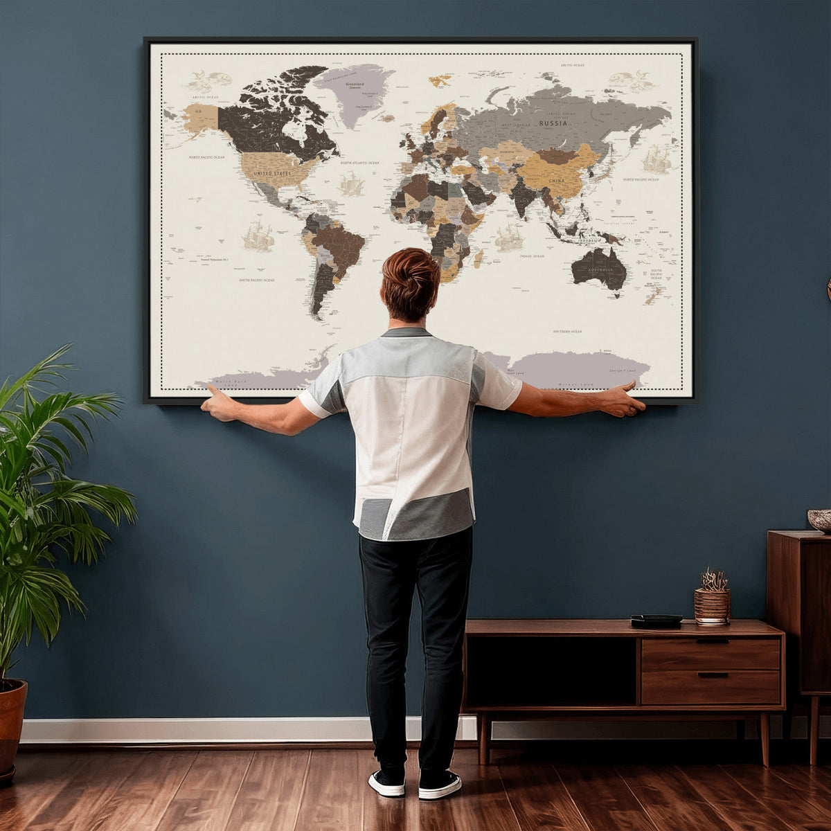 58777746-MGV-CV-36X24 - Custom Beige Modern Push Pin World Map Canvas Print, Places Visited Tracker, Bedroom and Study Decor