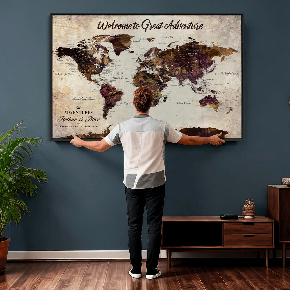 64110391126-MGV-CV-36X24 - Custom Beige World Travel Map Wall Art with Pins, Places Visited Tracker, Family Room and Entryway Decor