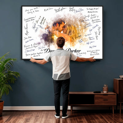 74713307-MGV-CV-36X24 - Wedding Guest Book Alternative Wall Art Canvas Print, Personalized Couple Photo Guestbook Wedding Signature Poster, Custom Couple Photo Guestbook Canvas, Bridal Shower Reception Decor
