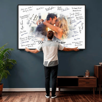 14788122-MGV-CV-36X24 - Wedding Guest Book Alternative Wall Art Canvas Print, Personalized Couple Photo Guestbook Wedding Signature Poster, Custom Couple Photo Guestbook Canvas, Bridal Shower Reception Decor