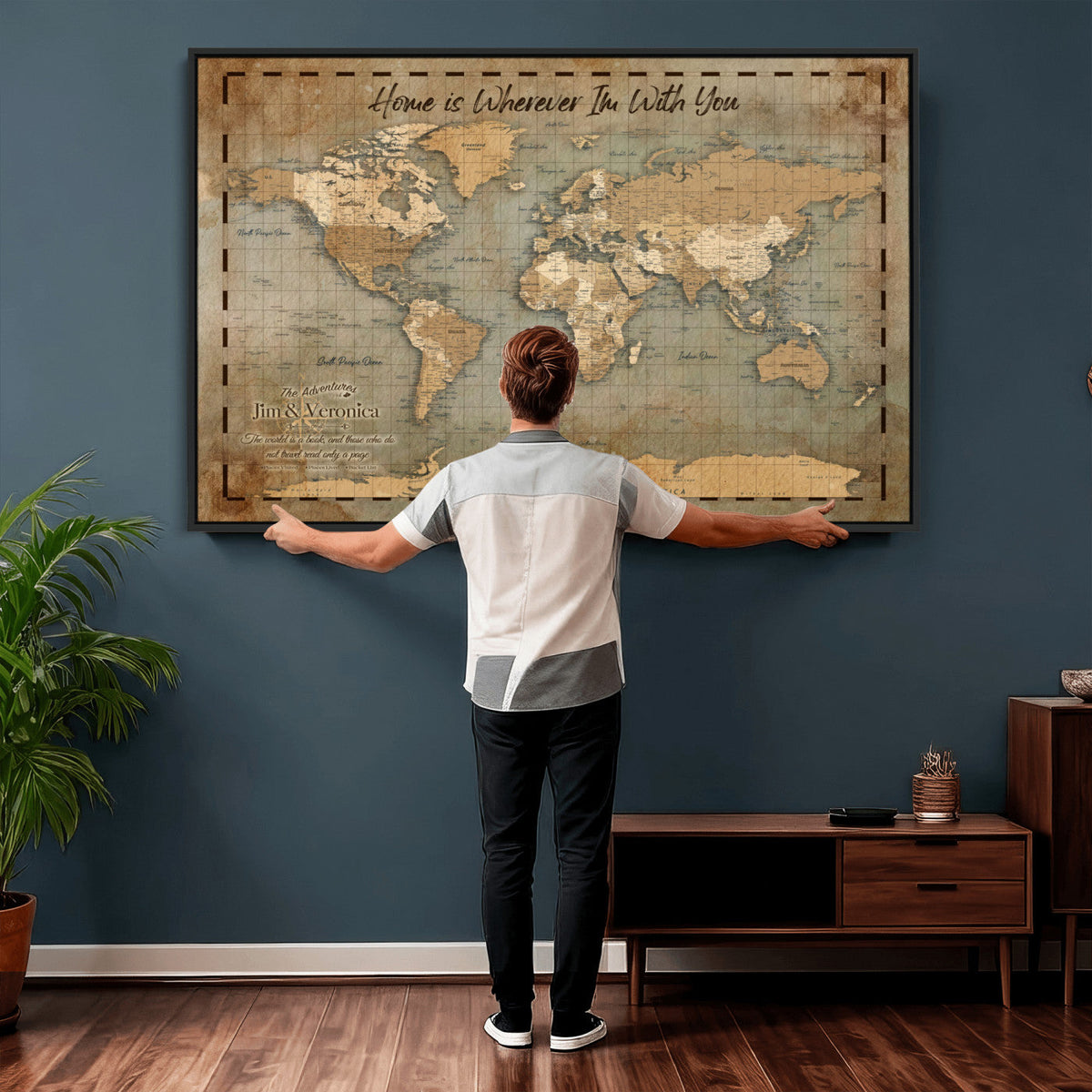 97123877-MGV-CV-36X24 - Vintage Custom Push Pin World Map Print | Vintage Travel Map Canvas, Personalized Names Anniversary Gift, Places Visited Pin Board
