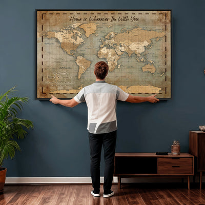 97123877-MGV-CV-36X24 - Vintage Custom Push Pin World Map Print | Vintage Travel Map Canvas, Personalized Names Anniversary Gift, Places Visited Pin Board