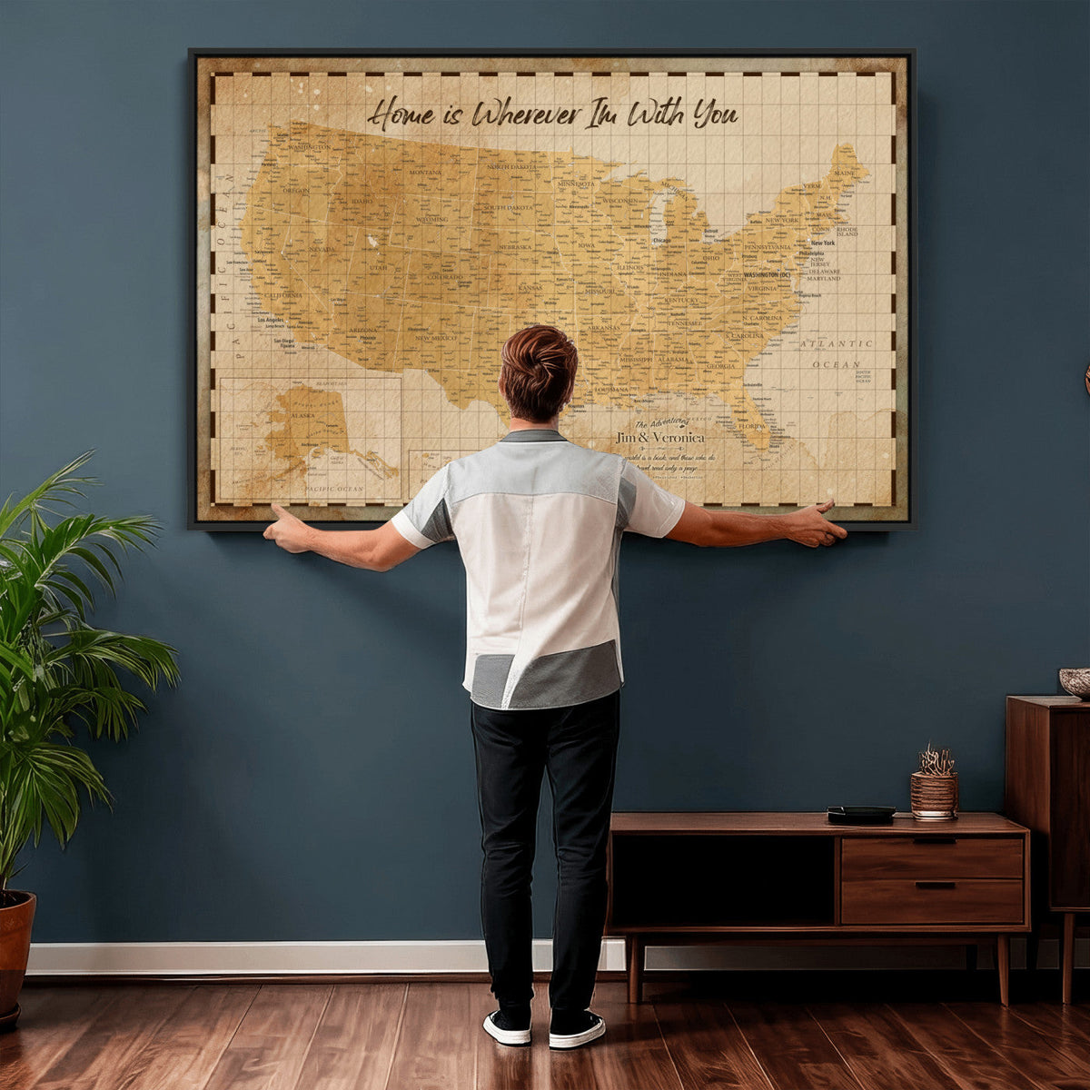 62164711-MGV-CV-36X24 - Personalized USA Push Pin Travel Map, Custom United States Map, Push Pin Map, USA Bucket List Map, Anniversary Gift - Couple Travel Map Wall Art