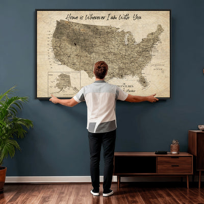 25440520-MGV-CV-36X24 - Detailed Personalized Push Pin United States Map Wall Art, States Visited Map, Office and Hallway Decor